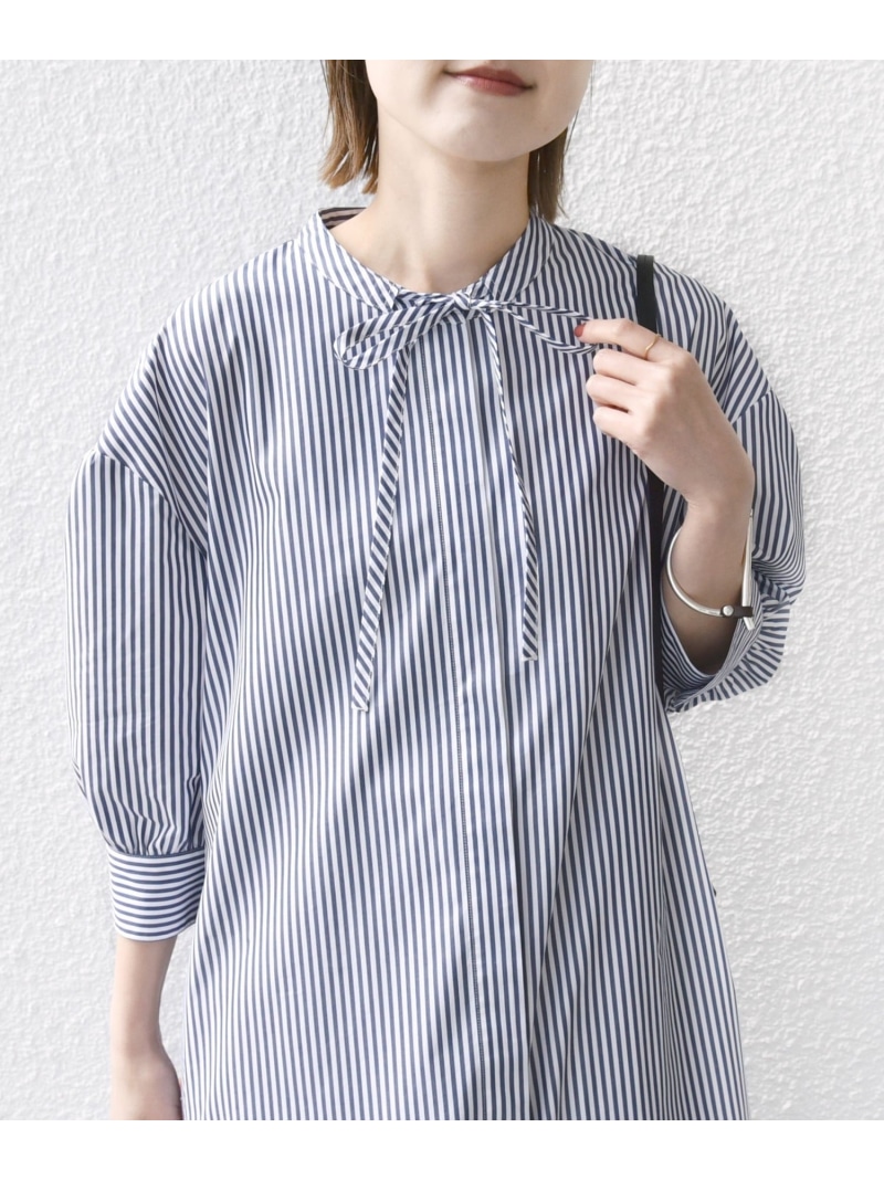 【SALE／45%OFF】＜手洗い可能＞スタンドカラー リボン ストライプ シャツ ワンピース SHIPS WOMEN シップス ワンピース・ドレス ワンピース ブルー ネイビー【RBA_E】【送料無料】[ Fashion]｜SHIPS　シップス
