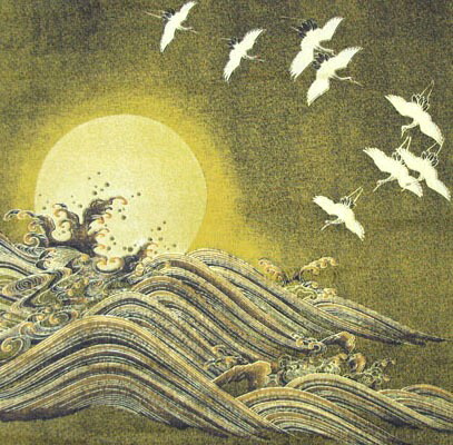 日本製 綿布物 名物裂 風呂敷 クロス タペストリー 蒔絵(まきえ) Japan 荒磯に日輪写し