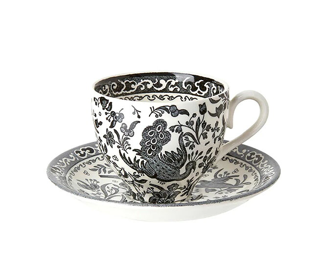 人気商品!!＜br ＞【送料無料】【即納可!!】再入荷しました♪ イギリス製 Burleigh バーレイ社 Black Regal Peacock ブラックリーガルピーコック カップ＆ソーサー コーヒーカップ ティーカップ 洋食器 英国食器 クジャク おしゃれ ※ギフトボックス別売り