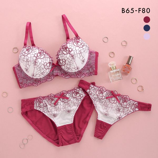 ネイビー刺繍、赤色、ブラジャーショーツセット G65 ネイビー刺繍、赤色、ブラジャーショーツセット G65