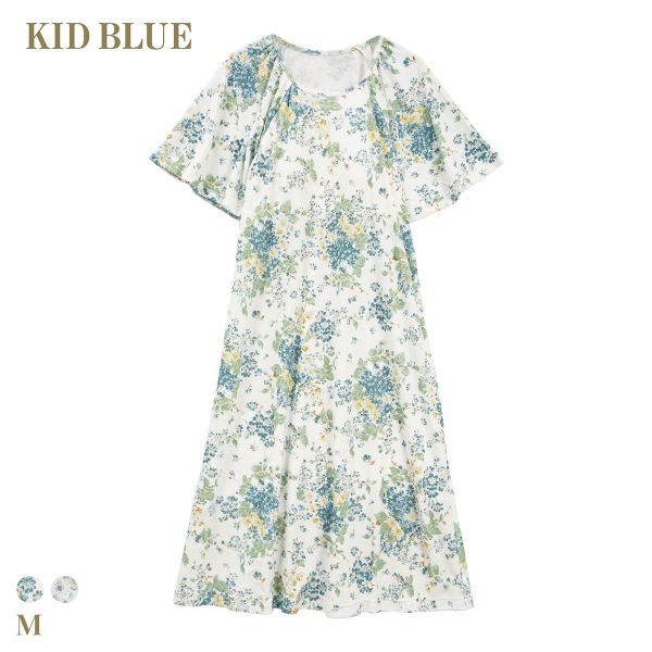 キッドブルー パイルフローラルガーデン ワンピース 半袖 ネグリジェ カップ付　ナイティ ルームウェア パジャマ レディース KID BLUE 全2色｜SHIROHATO（白鳩）