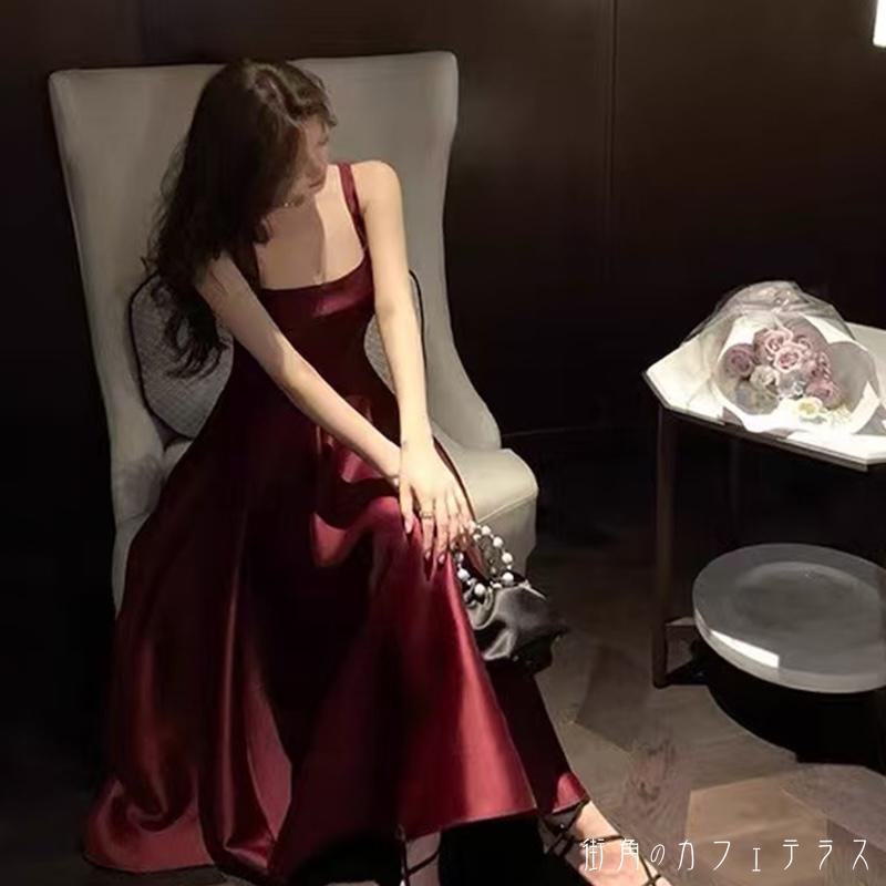 レディースドレスパーティードレスワンピースAラインスクエアネックロング丈シンプルきれいめ大人かわいいキュートレトロこなれ感体型カバー二の腕カバースタイルアップノースリーブレッドピンク結婚式2次会お呼ばれパーティーお食事会ディナー|シロイ商店店