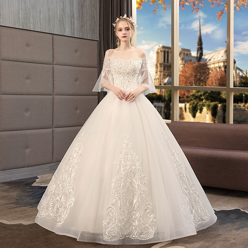 ウェディングドレス二次会ロングドレス花嫁五分袖ウエディングドレス高級感ブライダル結婚式プリンセスラインドレス刺繍パーティードレスオフショルダー披露宴撮影セミオーダー/編み上げ｜シロイ商店店