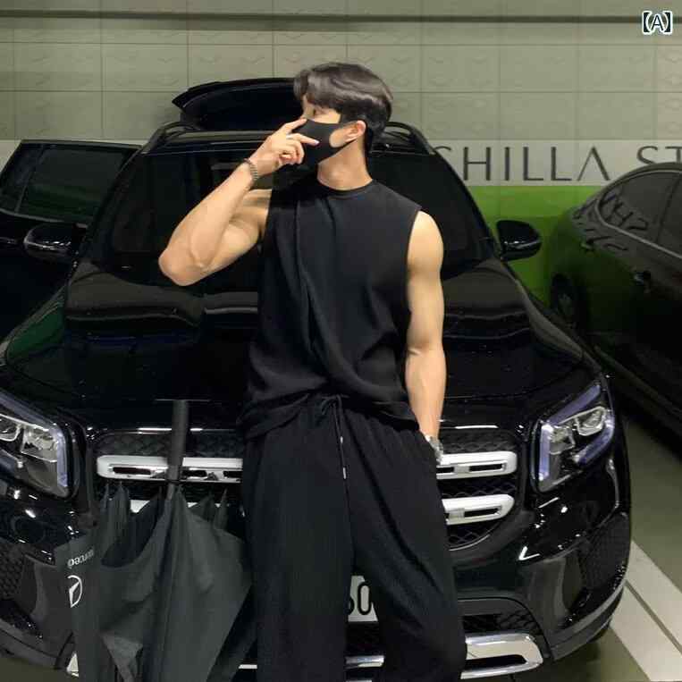メンズファッション春夏秋冬かっこいいオシャレモテ男性用紳士服服韓国シンプル大人夏用アメリカンスポーツスーツメンズアイスフィールノースリーブウエストコートフィットネスエクササイズ伸縮性ベスト無地スウェットシャツ|シロイ商店店