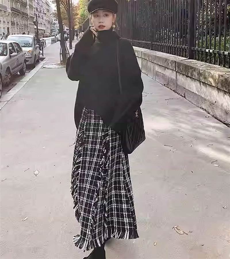 スカートセーター2点セットロングスカートフレアスカートミモレ丈ハイウエストツイードタートルネックロングスリーブ大人可愛いきれいめカジュアル上品お洒落大人女子個性的エレガントレトロチェック冬レディースママ学生通学デートお出かけ｜シロイ商店店