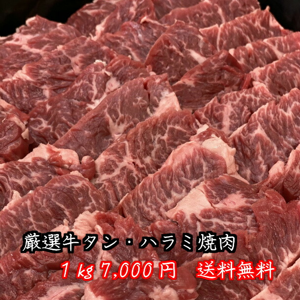 送料無料 焼肉1kg ５００g×２ やわらか 新鮮 厳選牛タン ハラミ タレプレゼント 牛肉 バーベキュー セット 特上 お祝い 味付けなし  精肉店直送 休日