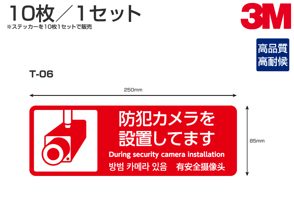 多分使道ステッカーt 06 W250mm H85mm 10枚一揃え 防犯キャメラ造成 兆 印 座席 4か用単語著す合う 多国語 英語 中国語 韓国語 日本語 4か国語表記対応 10枚セット Animatuscontest Pl