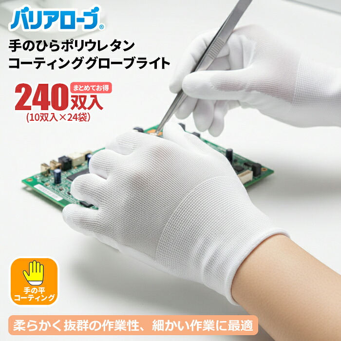 バリアローブ No.606 手のひらポリウレタンコーティンググローブライト 【240双入(10双入×24袋セット)】 柔らかく抜群の作業性。素手感覚で細かい作業に最適。 手の平コーティング 食品衛生法適合 作業手袋 軽作業用手袋 精密作業手袋|シザイコム 店