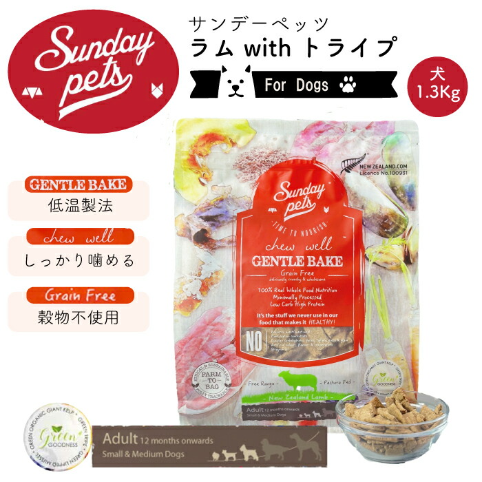 【楽天市場】Sunday Pets ラムwithトライプ【犬用1.3kg】 ジェントルベイク 低温製法 グレインフリー グリーントライプ 緑 ...