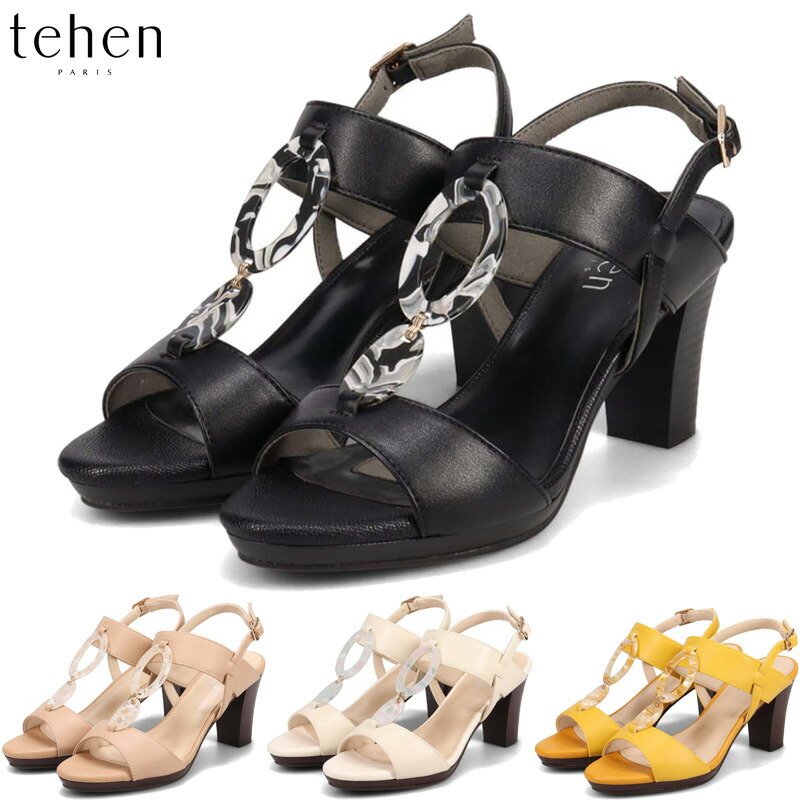 2E テーン レディース テーン tehen ダブルベルトデザイン・7.5cmヒールサンダル サンダル 靴 シューズ コンフォート 夏 歩きやすい 太めヒール ホールド ホワイト 白 ブラック 黒 イエロー 黄色 送料無料 tehen TN1802
