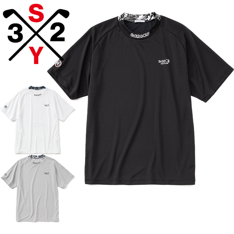 SY32 メンズ GRAPHIC POINT MOCK ゴルフ アパレル トップス 半袖 吸水速乾 通気 軽量 運動 スポーツ ホワイト 白 ブラック 黒 グレー 灰色 送料無料 SYthirty-two SYG-26S1-35