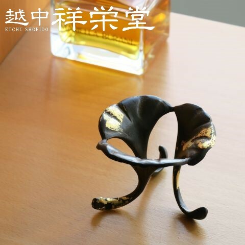 【日本製】大野芳光作 高岡 唐銅蓋置 三枚銀杏 金散らし