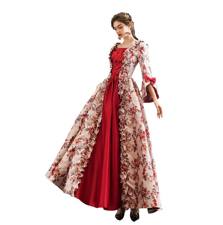 【送料無料】貴族ドレス お姫様ドレス 貴婦人 王族服 フレア袖 花柄 リボン ワイン ステージ演出服 演劇 コスプレ 礼服 宮廷 華やか ハロウィン パーティードレス 編み上げタイプ ステージ 舞台 司会 演奏会 舞台 ヨーロッパ風 ステージ オペラ声楽 撮影 ドレス|ショウエキMarket