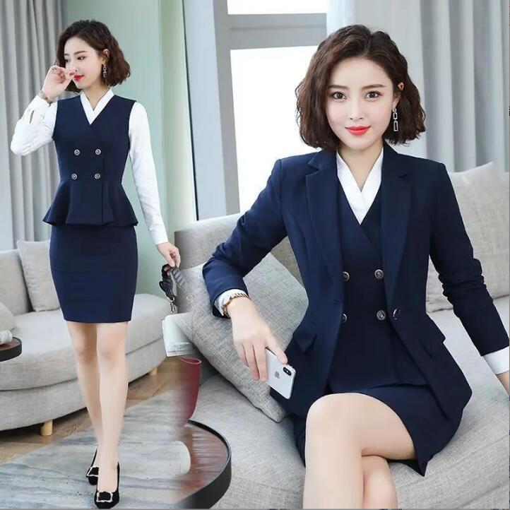 市場 送料無料 セットアップ 制服 スカートセット 3点セット 紺色 無地 ジャケット スカート ベスト ストライプ柄 事務服 レディーススーツ 着痩せ