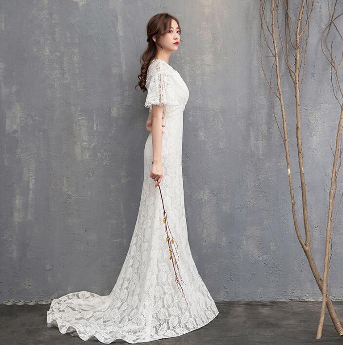 71 以上節約 送料無料 ウェディングドレス 半袖 お花嫁ドレス レース Vネック ロングドレス マーメイド トレーン フレア袖 白 上品 優雅 海外挙式 撮影 着痩せ ブライダル パーティードレス 礼服 結婚式 ファスナー 披露宴 二次会 演奏会 ピアノ ワンピース 前撮り 後