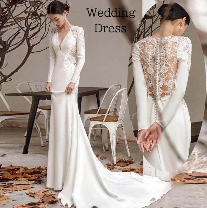 【送料無料】ウェディングドレス イブイングドレス 結婚式 Vネック 長袖 サテン レース切り替え 高級感 トレーン シンプル マーメイドライン 大きいサイズ ブライダル 白ドレス 前撮り/後撮り ロング 花嫁ドレス フォトウェディング撮影 パーティードレス 挙式 披露宴 演奏会|ショウエキMarket