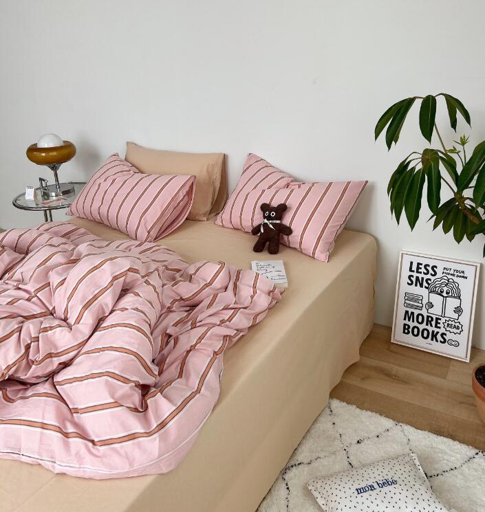 送料無料】布団カバーセット ins風 北欧 ストライプ柄 ピンク 綿100