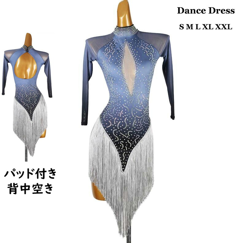 【送料無料】ラテンダンス衣装 社交ダンス衣装 競技ドレス グレー グラデーション フリンジ キラキラ 豪華 長袖 ワンピース 背中空き 社交ダンス ドレス モダンドレス ダンスウェア タンゴ ワルツ ルンバ サンバ チャチャ ステージ 団体ウエア 練習服 演出 舞台 発表会｜ショウエキMarket