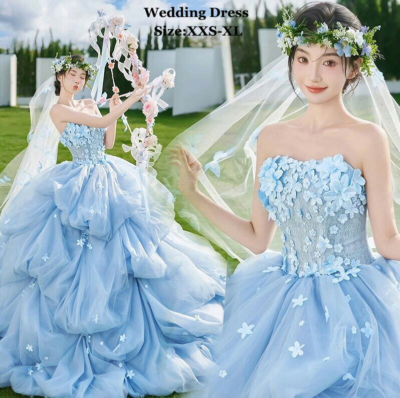 【送料無料】ウェディングドレス ブルー 花びら ふわふわスカート お姫様 高級感 結婚式 前撮り 花嫁ドレス カラードレス 誕生日 演奏会 きれいめ フォトウェディング撮影 ロング 編み上げ パーティードレス 二次会 披露宴 発表会 舞台 ピアノ ワンピース 成人式 コンサート
