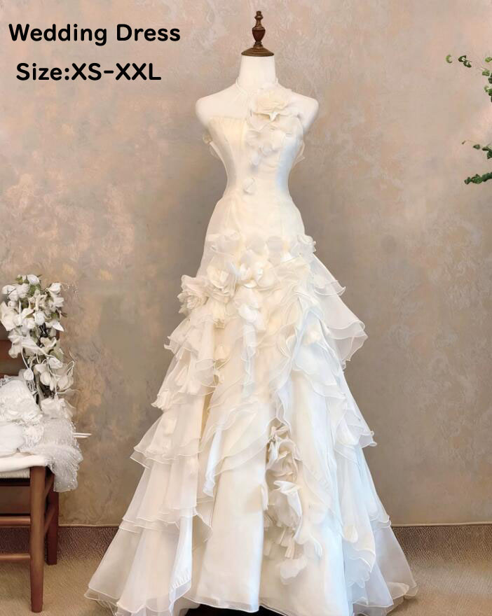 【送料無料】ウェディングドレス 花嫁ドレス ロングドレス 立体的な花びらが美しい Aライン 袖無し 演奏会 お姫様ドレス 高級感 チュール 結婚式 前撮り 誕生日 撮影 ロングドレス 編み上げ きれいめ パーティードレス 二次会 披露宴 発表会 舞台 ピアノ ワンピース 成人式|ショウエキMarket