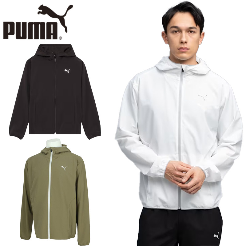 プーマ メンズ FLEX STRETCH ウーブン JKT アパレル ウインドブレーカー 防風 吸水速乾 UVカット 紫外線対策 フルジップ フード付き サイドポケット カーキ 送料無料 PUMA 528933