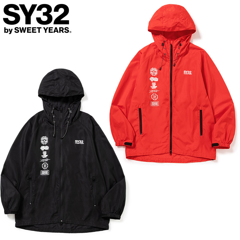 SY32 メンズ MULTI LOGO WINDBRAKER 御召しもの 形づくる アウター 長袖 ウィンドブレーカー 防風 心地よい アウトドア 運動すること 運動競技 黒いこと 黒 赤いこと 赤 貨物輸送無料 SYthirty-two 32-26SN1-01