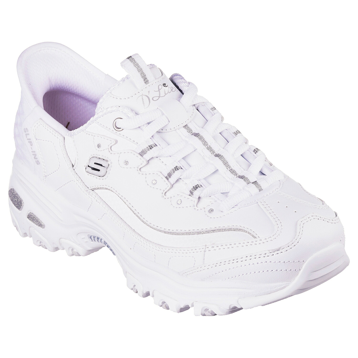 スケッチャーズ Skechers Slip-ins D\u0027LITES NEW SCENE 150031 スケッチャーズスニーカー スリップインズ ディーライツ ニュー一こま WSL 白いことしろがね色 スピード競技繰り上げる 吊りひも靴手合い