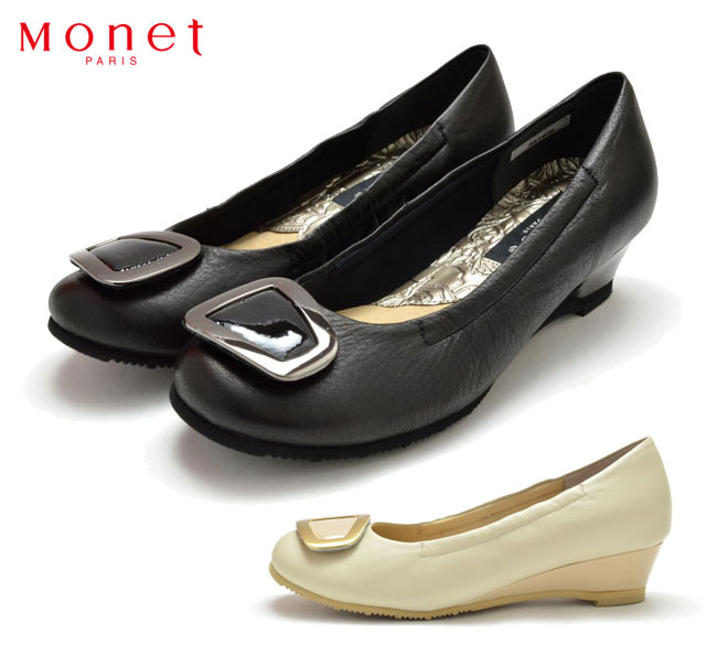【送料無料】 モネ 881406 Monet バックルバレーシューズ バレエシューズ ウエッジシューズ パンプス 3E 日本製 ウエッジソール 本革 天然皮革 レザー お出かけ 普段履き 歩きやすい 疲れにくい 柔らかい レディース 婦人 靴 クロ ベージュ ラベンダー
