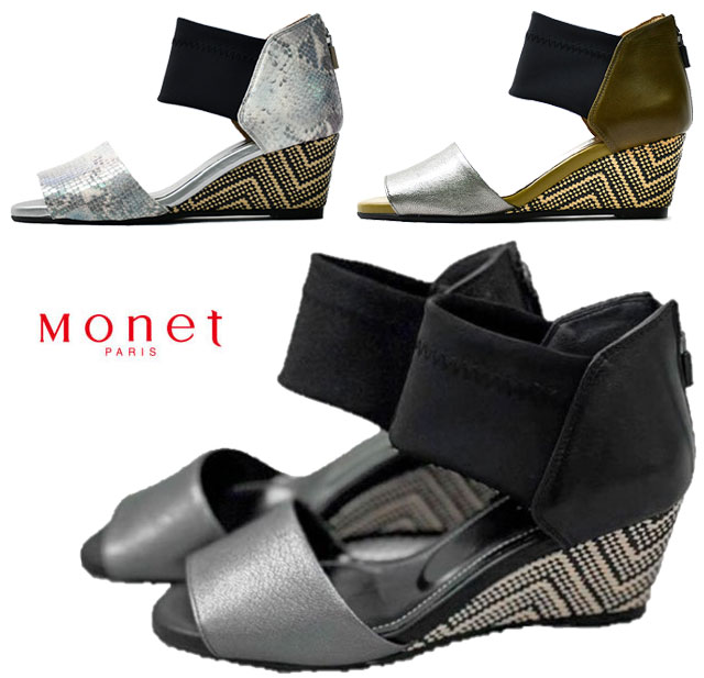 【送料無料】 モネ Monet 212400 アンクルストレッチサンダル ストラップサンダル ウエッジサンダル レディースサンダル 3E 日本製 バックファスナー ウエッジソール レザー 天然皮革 ストレッチ素材 履きやすい 歩きやすい 婦人 靴 ブラック カーキ スネーク｜シューズショップ ツリーズ