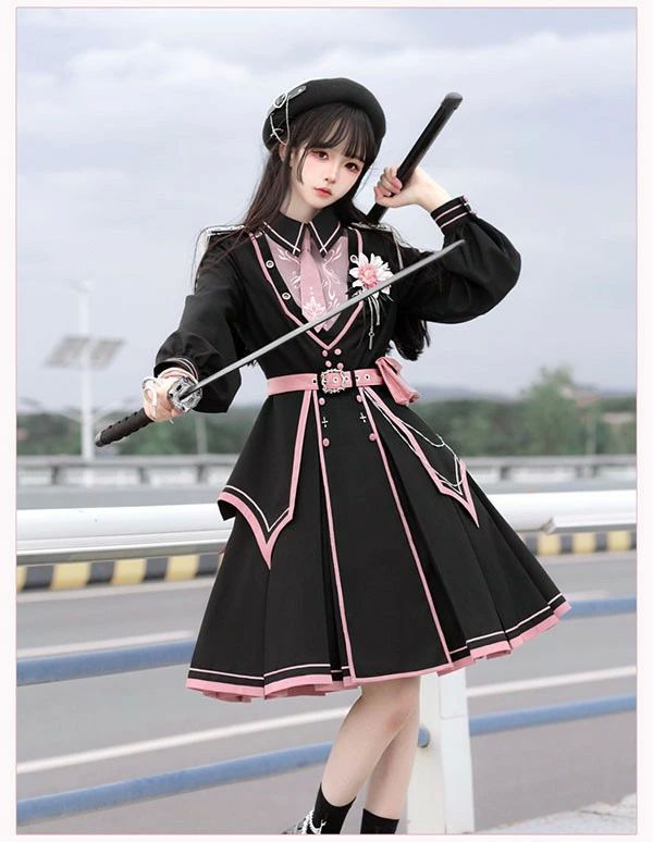 軍服ロリータ ゴスロリ フルセット ワンピース 長袖あり 肩章 桜柄 大正風 ペリースマント 片掛全掛マント