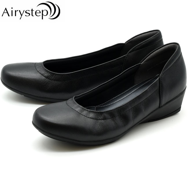 エアリーステップ Airy step プレーンシューズ スリッポン 本革 レザー ウェッジソール レディース ブラック 黒 22-25 7558