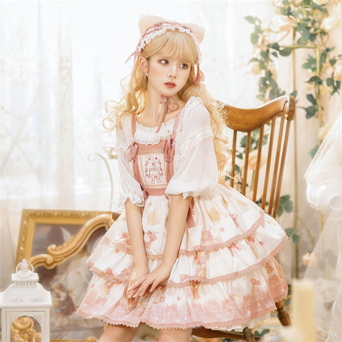 Lolitaワンピース レディース セットアップ ノースリーブ 少女 お姫様 インナー フリル襟 レース 蝶結び付き エプロン 膝丈スカー ロリ