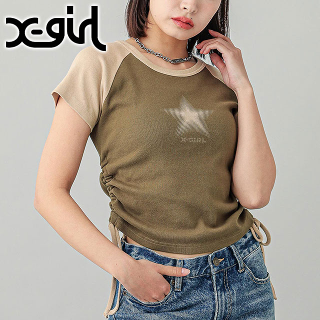 エックスガール X-girl レディース ドッテドスター ショートスリーブ ラグラン ベビートップ 105242013006 SU24 半袖 Tシャツ OLIVE 正規取扱店 X-girl エックスガール レディース ドッテドスター ショート
