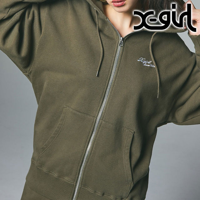 エックスガール X-girl フェイスボックスパッチ ジップアップスウェットフーディー [105253012005 FW25] FACE BOX PATCH ZIP UP SWEAT HOODIE レディース xgirl トップス フルジップ パーカー OLIVE 正規取扱店