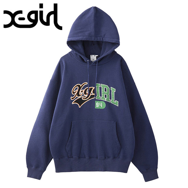 エックスガール X-girl ミックスカレッジロゴ スウェットフーディー [105253012016 FW25] MIX COLLEGE LOGO SWEAT HOODIE レディース xgirl トップス プルオーバー パーカー NAVY 正規取扱店
