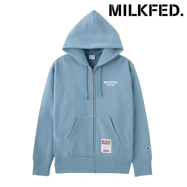 【30%OFF/ラスト1着】ミルクフェド MILKFED. チャンピオン スウェットジップフーディー [103254012001 FW25] MILKFED. x CHAMPION SWEAT ZIP HOODIE レディース コラボ トップス ジップアップパーカー ライトブルー 正規取扱店【ts】【e】