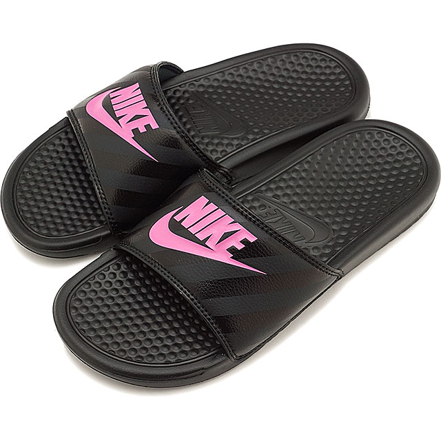 black and pink nike sliders