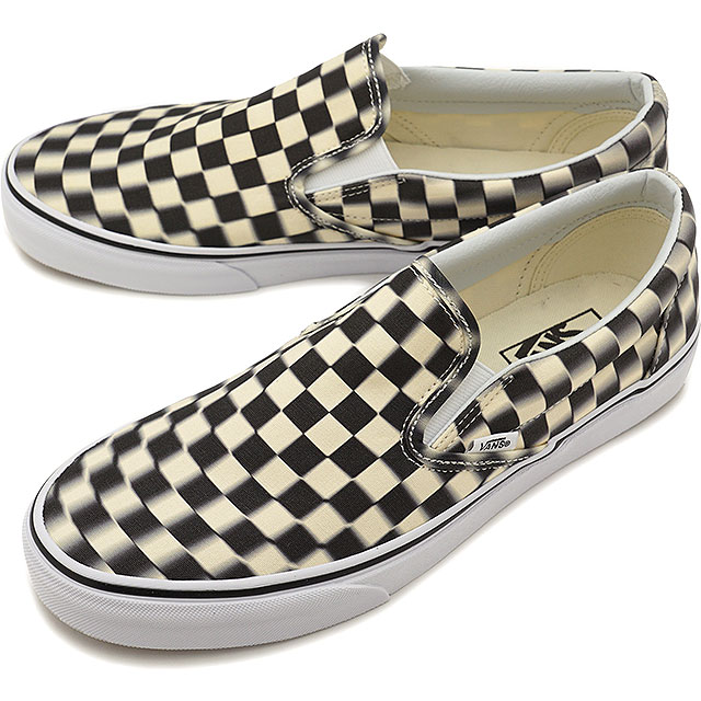 blurred checkerboard vans slip on