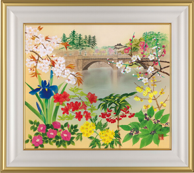 【新品】絵絹額（絵絹張り済）太子判　主に日本画にどうぞ 絹谷幸二、【桜満開 日月 富士山】、希少な額装用画集より、厳選