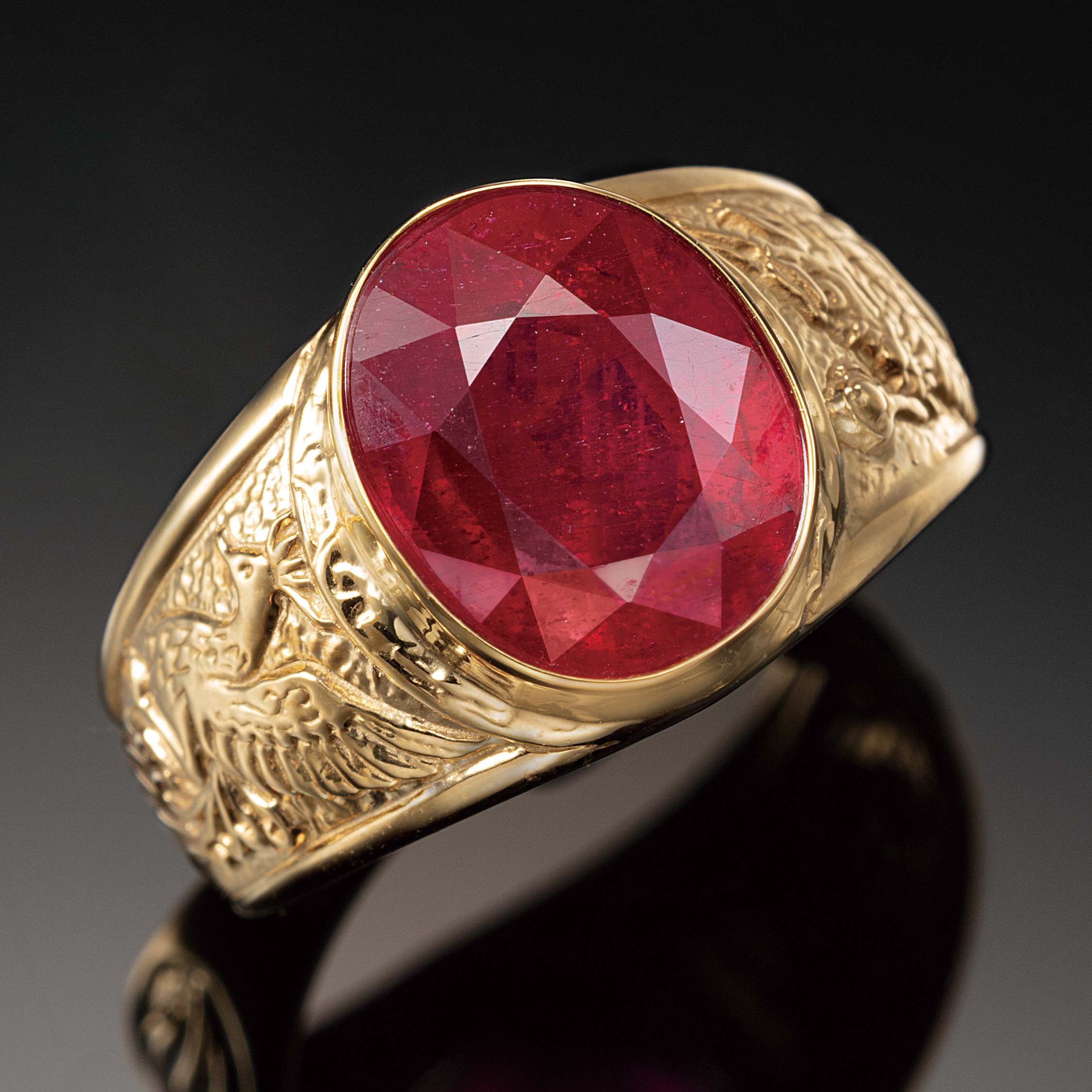 18金 指輪 5カラット巨大ルビーリング『龍鳳飛翔』 アクセサリ&mdash; 宝石 ルビー 5ct メンズ 男性用 通販 販売 プレゼント　ギフト お祝い｜東京書芸館