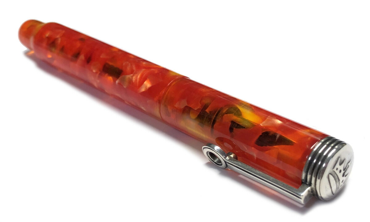 新品同様 クローネ 万年筆 オレンジ Krone 筆記具 18Kペン先 王冠マーク スケルトン シルバー コレクション メンズ レディース 文房具 筆記用具 【中古】