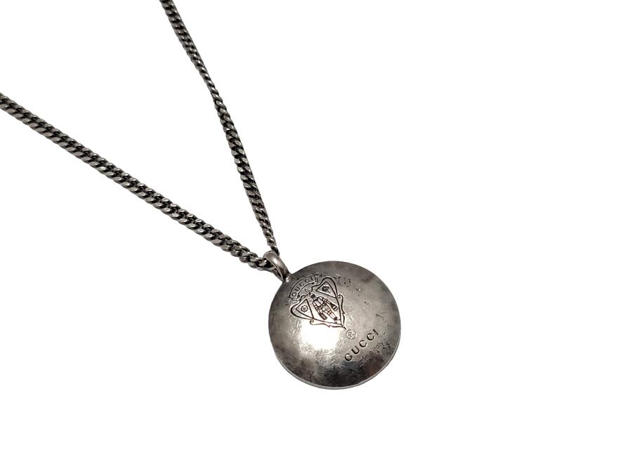 USED] GUCCI シルバー ブラックレザー クレスト ネックレス GUCCI