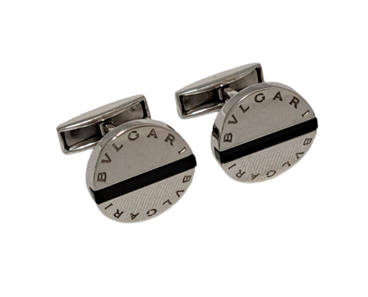 ブル小峡谷 折り返し ラウンド オニキス SV925 しろがね色 カフスリンク カフリンクス ＢＶＬＧＡＲＩ 添え物  しろがね色９２５ ＳＶ925 しろがね色折り返し 銀生産物 石入り口・入口 【中古】