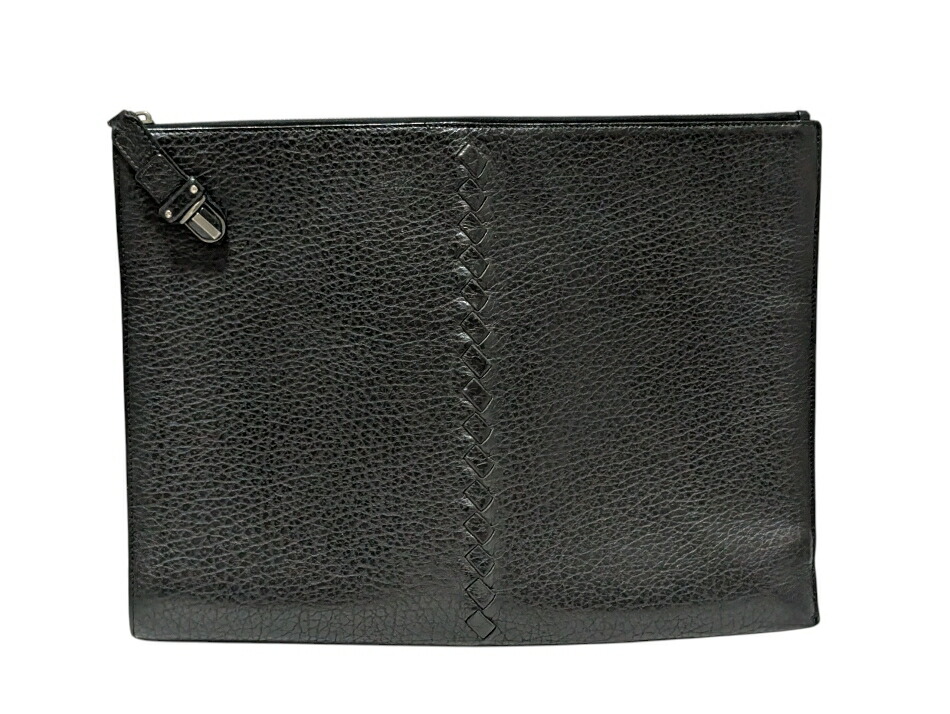Bottega Veneta Briefcase 221508 Document Case Machinashi Business Bag A4 Size Second Bag Braided Leather Embossed Black Men's BOTTEGA VENETA Center Braided [Used]