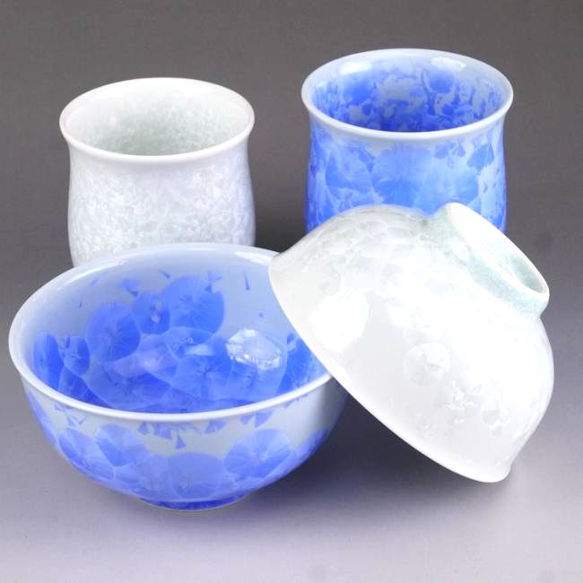 京焼 清水焼 花結晶夫婦湯呑と夫婦茶碗セット 青白 陶あん|京焼清水焼専門店 松韻堂