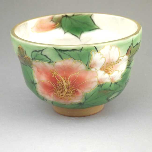 京焼 清水焼　織部五草花お茶呑茶碗　陶あん　芙蓉単品