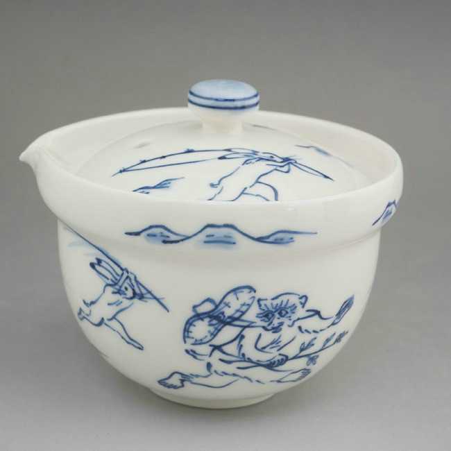 京焼 清水焼 染付鳥獣戯画　宝瓶急須　陶あん