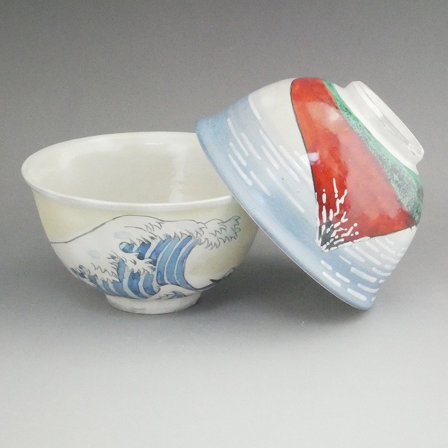京焼 清水焼 富士絵ペア茶碗　花月
