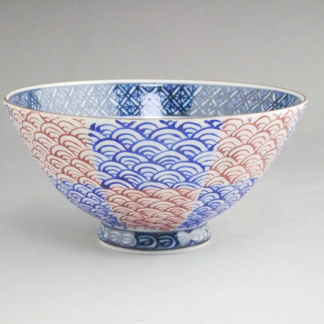 京焼 清水焼 青赤市松青海波ご飯茶碗　紫峰　小単品｜京焼清水焼専門店　松韻堂