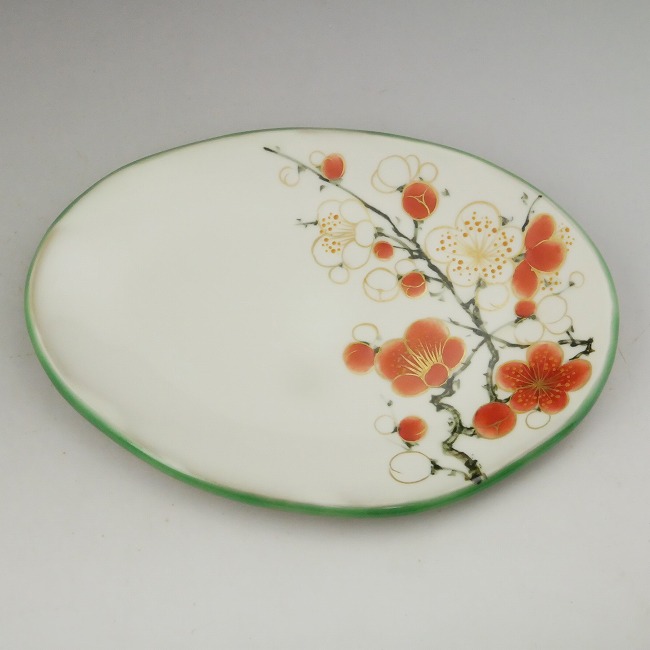 京焼   清水焼 白掛五顕花植物楕円面皿 梅単品